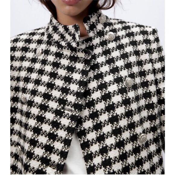 BLOGGERS Fav Zara houndstooth jacket coat black white silver buttons - Picture 7 of 17